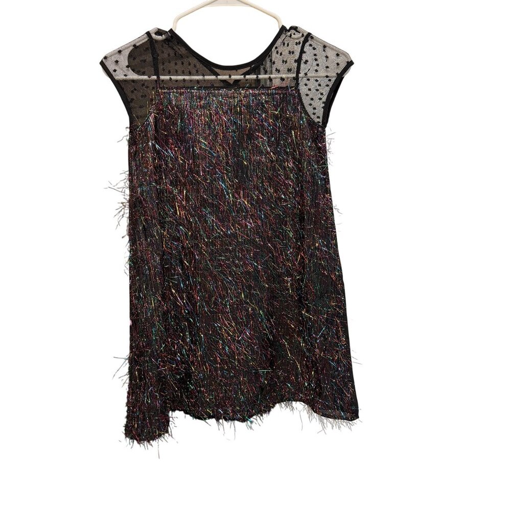Kidpik Girls Black Rainbow Fringe Mesh Dress S 7/8 Cap Sleeves Polka Dot Details